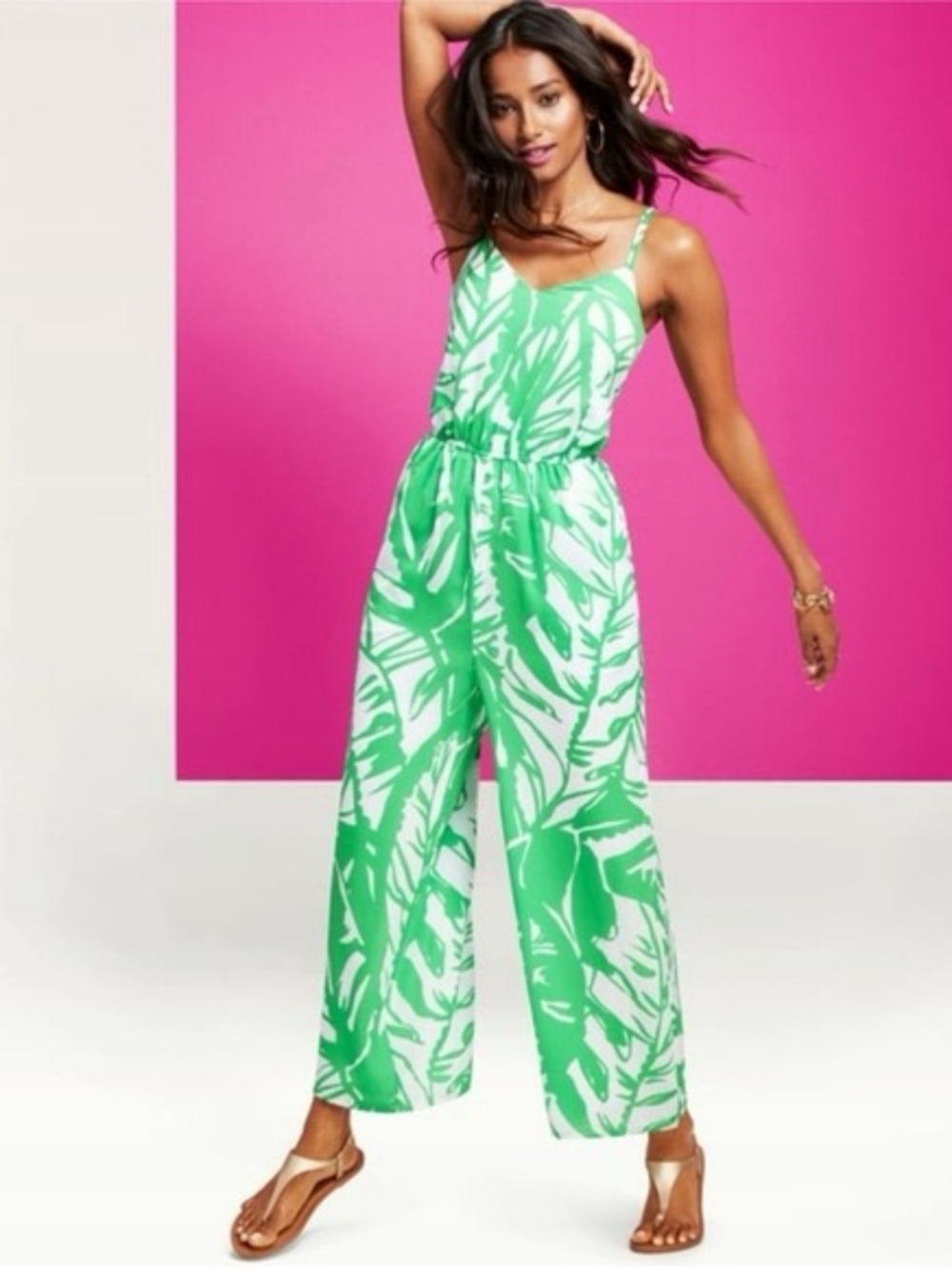 Lilly Pulitzer Green Palm-Print Wide-Leg Strap Jumpsuit